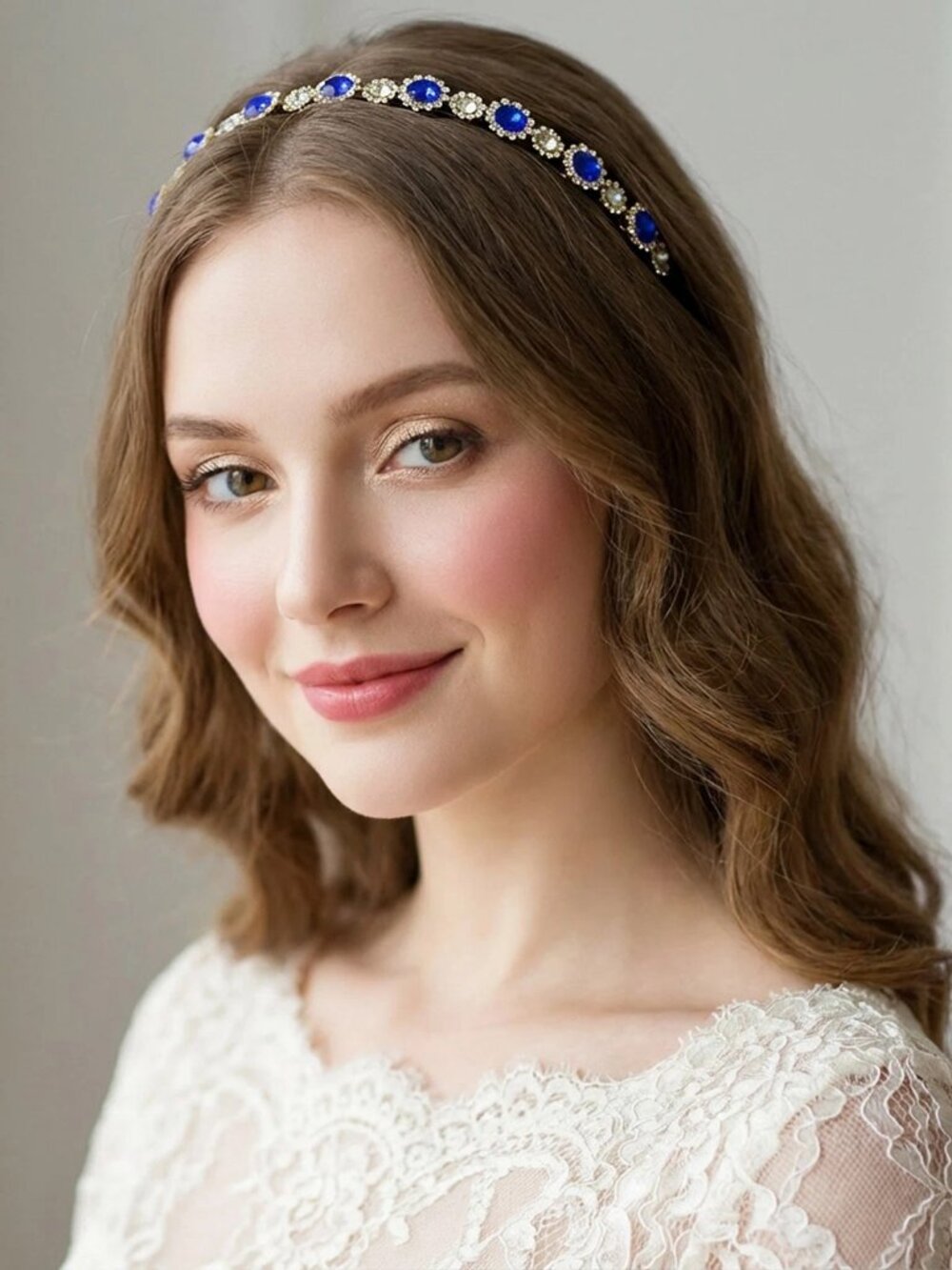 Royal Blue Crystal Halo Headband for Women, Gold-Tone Rhinestone Jeweled Hair - Picture 3 of 4
